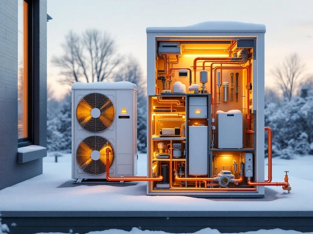 Doorsnede warmtepomp systeem met buiten- en binnenunit verbonden door koperen leidingen in moderne Nederlandse woning