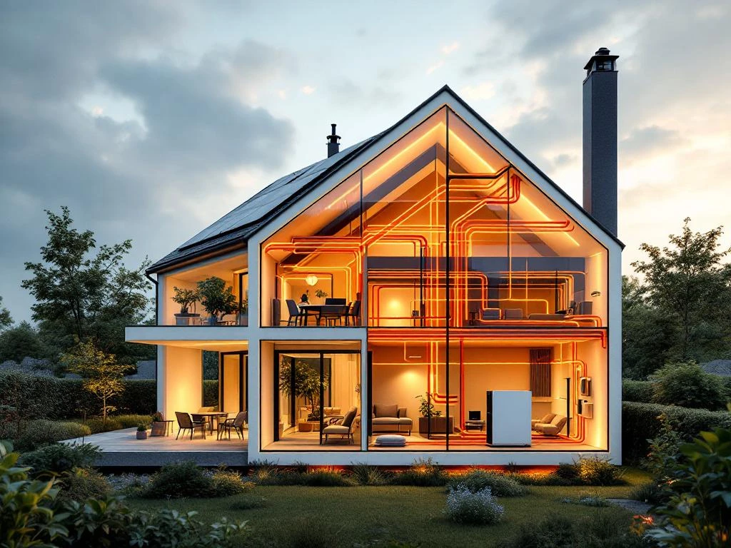 Doorsnede moderne Nederlandse woning met warmtepomp, vloerverwarming, radiatoren en zonnepanelen op dak