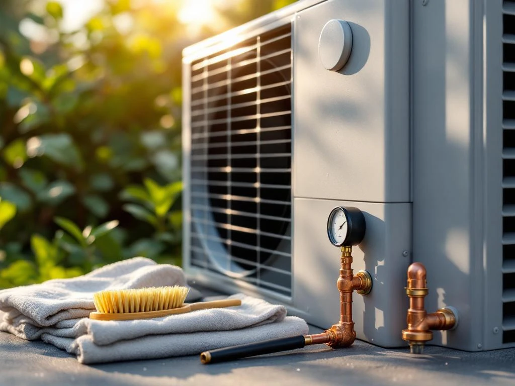 Moderne warmtepomp met onderhoudsgereedschap in ochtendlicht, met ventilatiegrilles en koperen leidingen zichtbaar