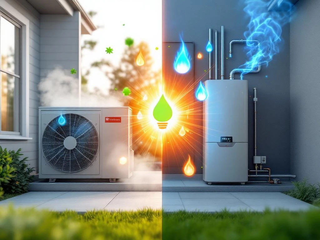 Moderne warmtepomp met stoom naast traditionele gasketel met blauwe vlammen, energie-efficiëntie iconen tussen beide