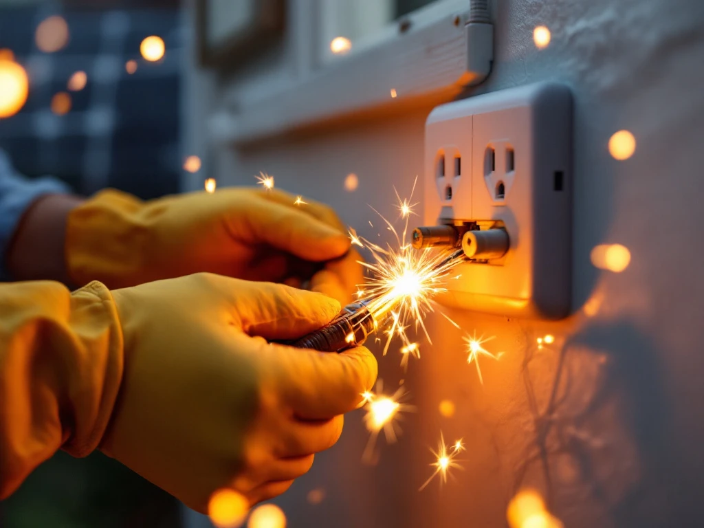 Handen met veiligheidshandschoenen verbinden thuisbatterij met stopcontact, elektrische vonken en waarschuwingssymbolen zichtbaar