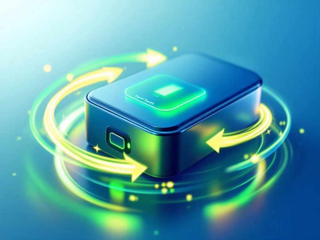 Moderne batterij met LED-indicatoren en groene energiegolven, SamSam branding, pijlen tonen laadcycli op blauwe achtergrond
