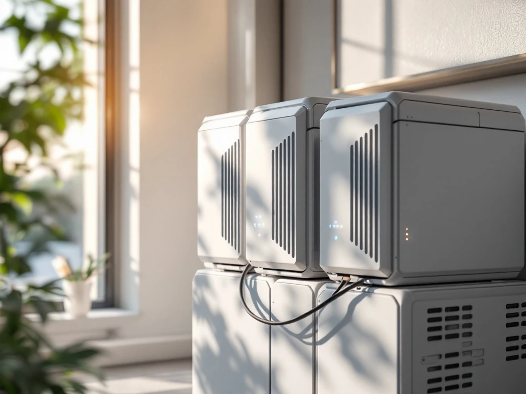 Modulaire batterij-eenheden in wit en zilver met LED-indicatoren gestapeld in moderne woning met natuurlijk licht