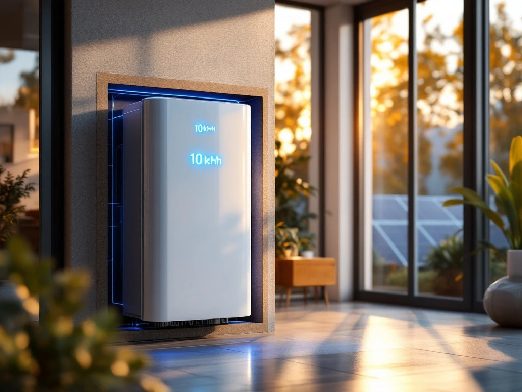 Moderne witte thuisbatterij van 10 kWh met blauwe LED-indicatoren, verbonden met zonnepanelen in hedendaagse woning