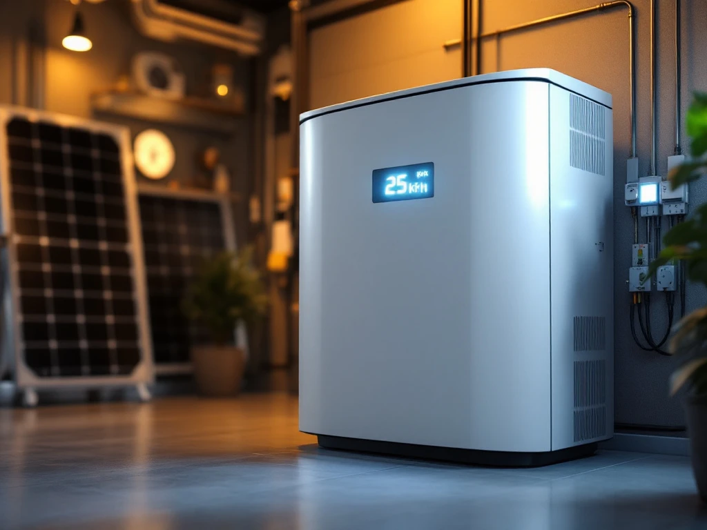 Moderne witte thuisbatterij met 25 kWh capaciteit en LED-display in garage met zonnepanelen op achtergrond