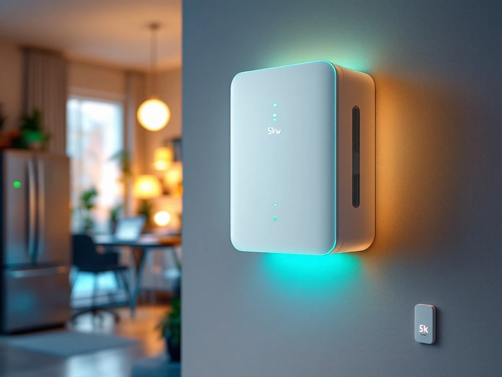 Witte 5kW thuisbatterij aan moderne muur met groene LED-indicatoren, verbonden met huishoudelijke apparaten via blauwe energiestromen
