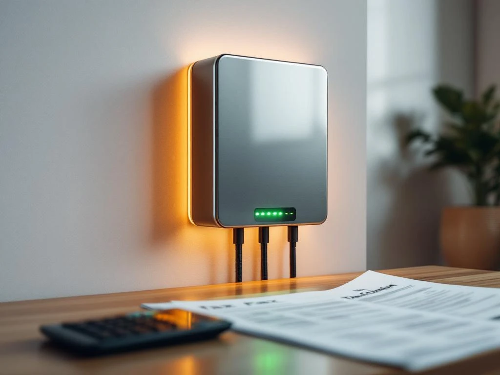 Moderne thuisbatterij op witte muur met Nederlandse belastingdocumenten en rekenmachine op houten bureau