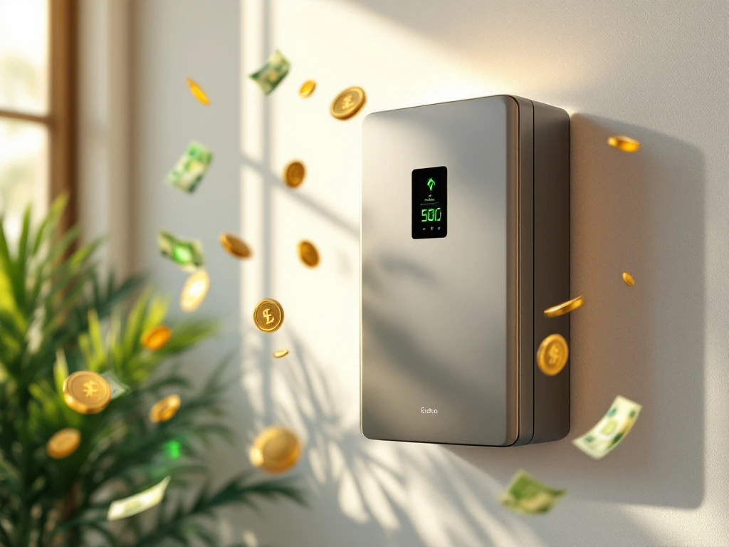 Moderne thuisbatterij op witte muur met zwevende euromunten en -biljetten, groene energie-iconen op achtergrond