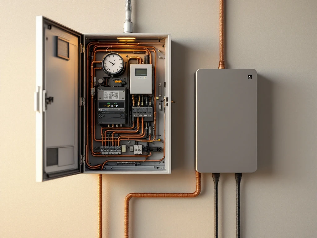 Moderne elektriciteitsmeter met open deur toont bedrading en zekeringen, naast huisbatterij met dikke kabels