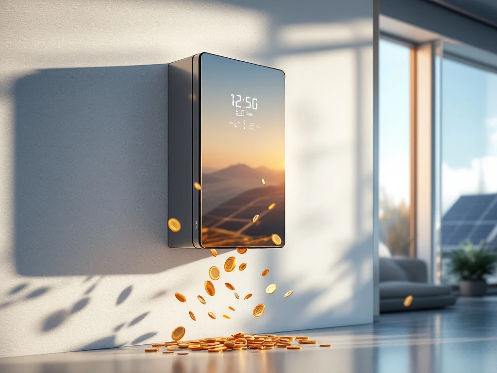 Moderne thuisbatterij aan witte muur met gouden munten en eurobiljetten die energie-besparingen symboliseren