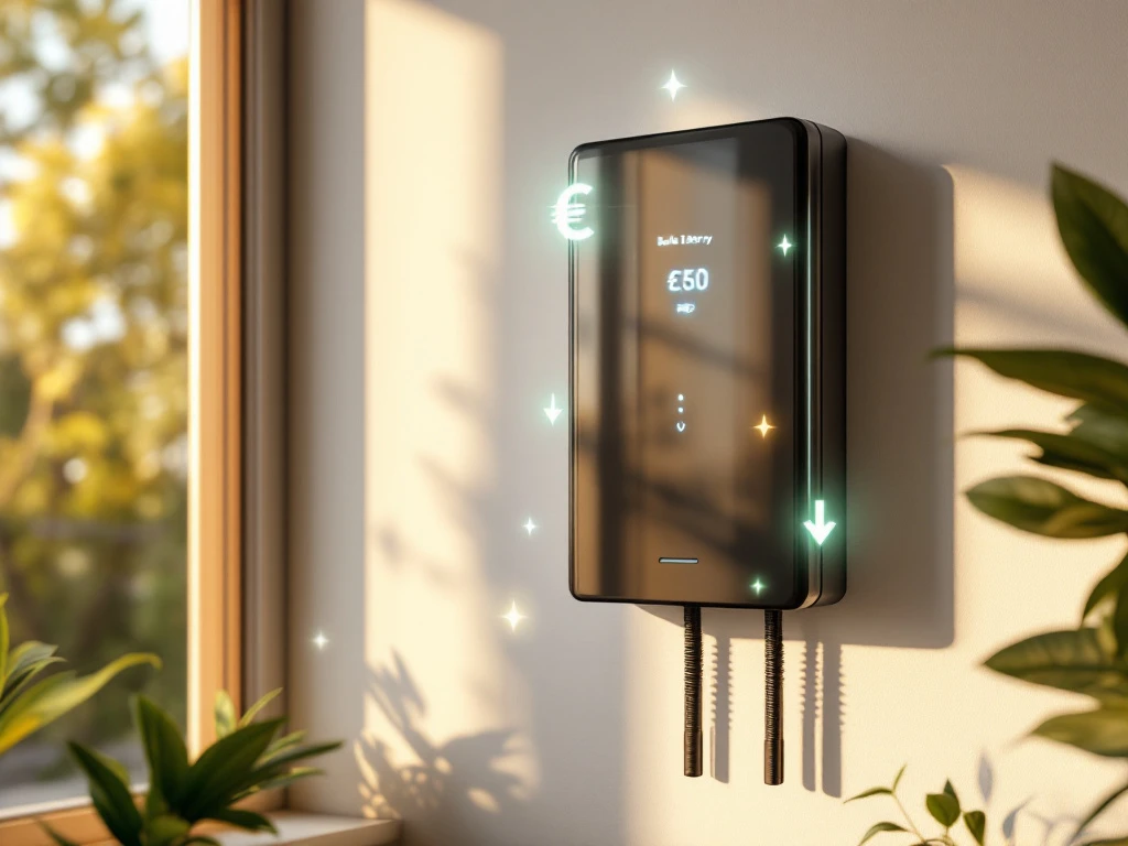 Moderne thuisbatterij aan witte muur met blauwe LED-indicatoren, smartphone toont energiebesparingen, euro-symbolen zweven