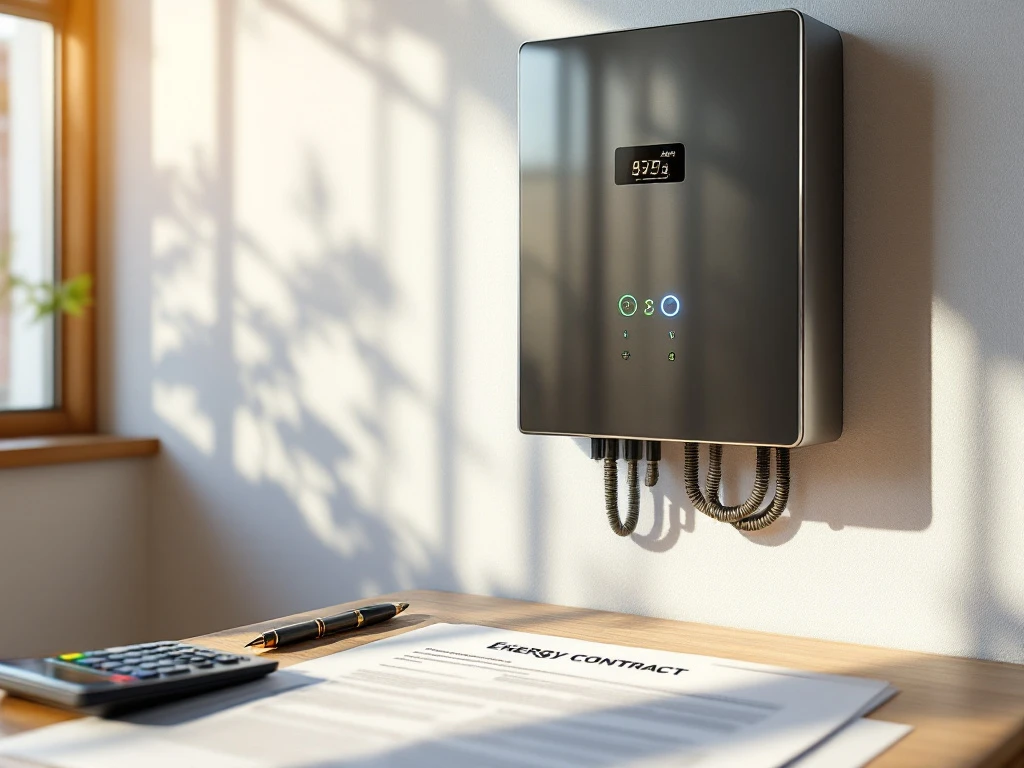 Moderne thuisbatterij aan witte muur met LED-indicatoren, energiecontract en calculator op houten tafel in natuurlijk licht