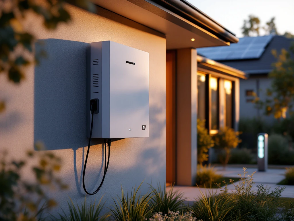 Witte thuisbatterij en EV-laadstation verbonden aan moderne woning met zonnepanelen tijdens gouden uur