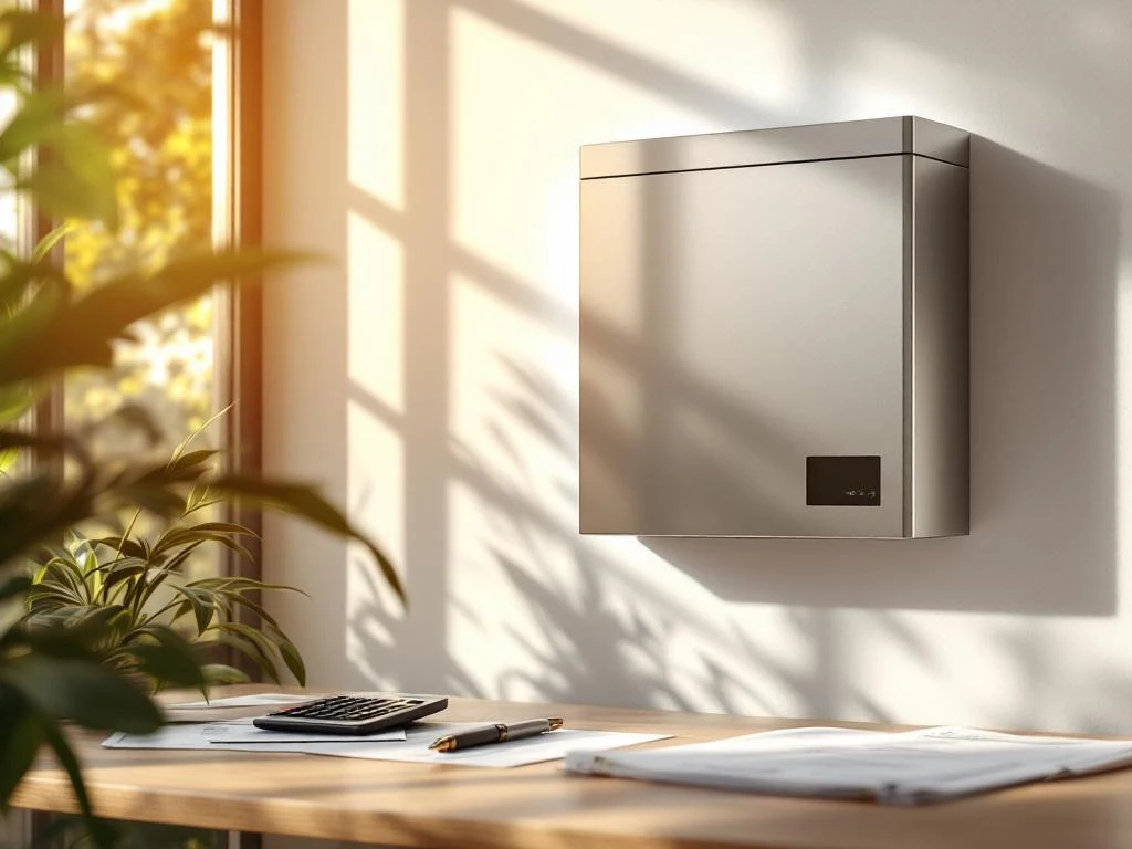 Moderne thuisbatterij aan witte muur met financiële documenten en calculator op houten bureau voor energieplanning