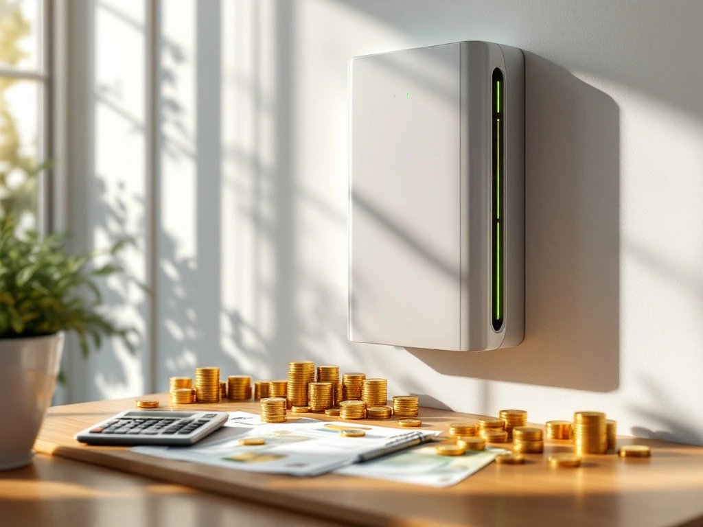 Moderne thuisbatterij op witte muur met euro's, rekenmachine en financieringsdocumenten, groene LED-indicatoren aan
