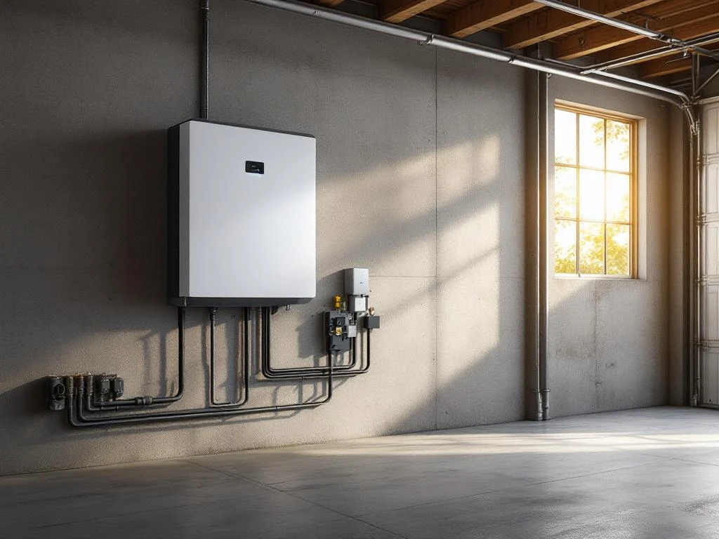 Moderne witte thuisbatterij gemonteerd aan garagemuur met LED-verlichting en professionele bekabeling