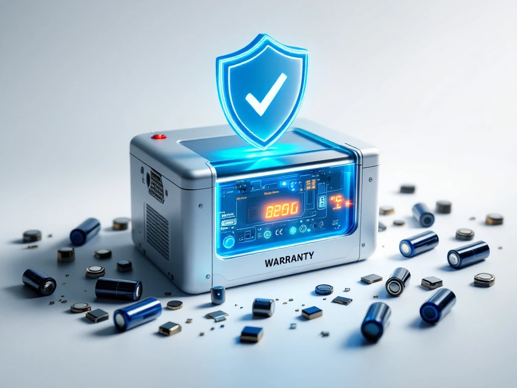 Thuisbatterijsysteem met garantieschild symbool, LED-indicatoren en beschermende behuizing tegen witte achtergrond
