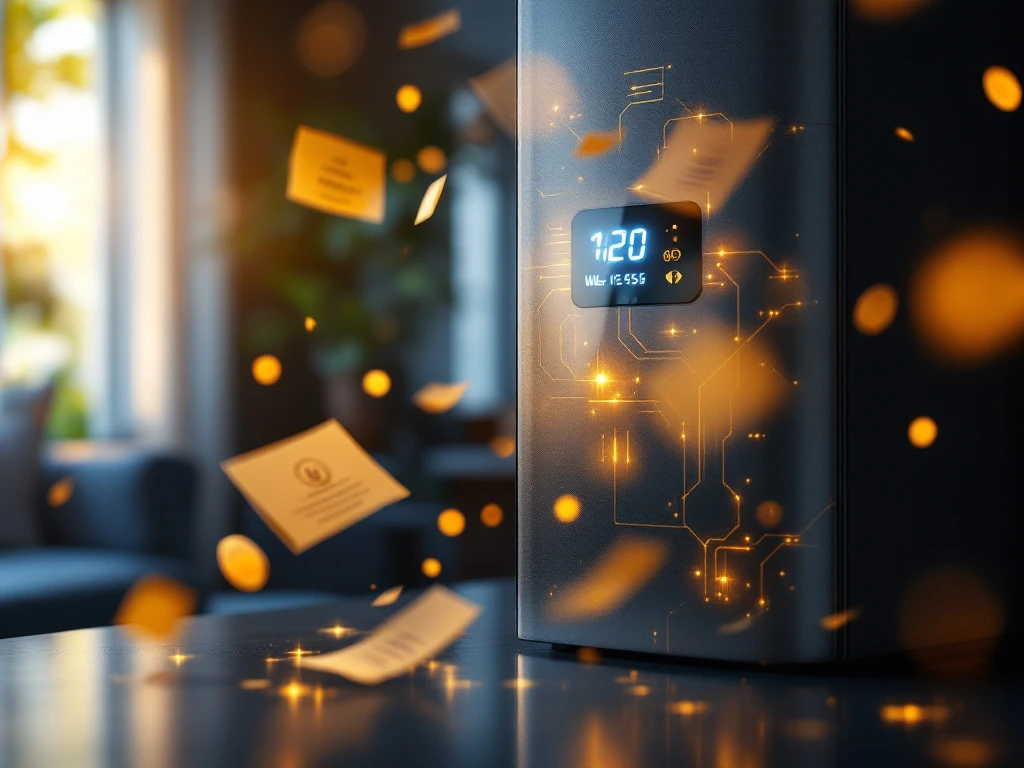 Moderne thuisbatterij met LED-indicatoren en gouden garantiecertificaten in eigentijds interieur met natuurlijk licht