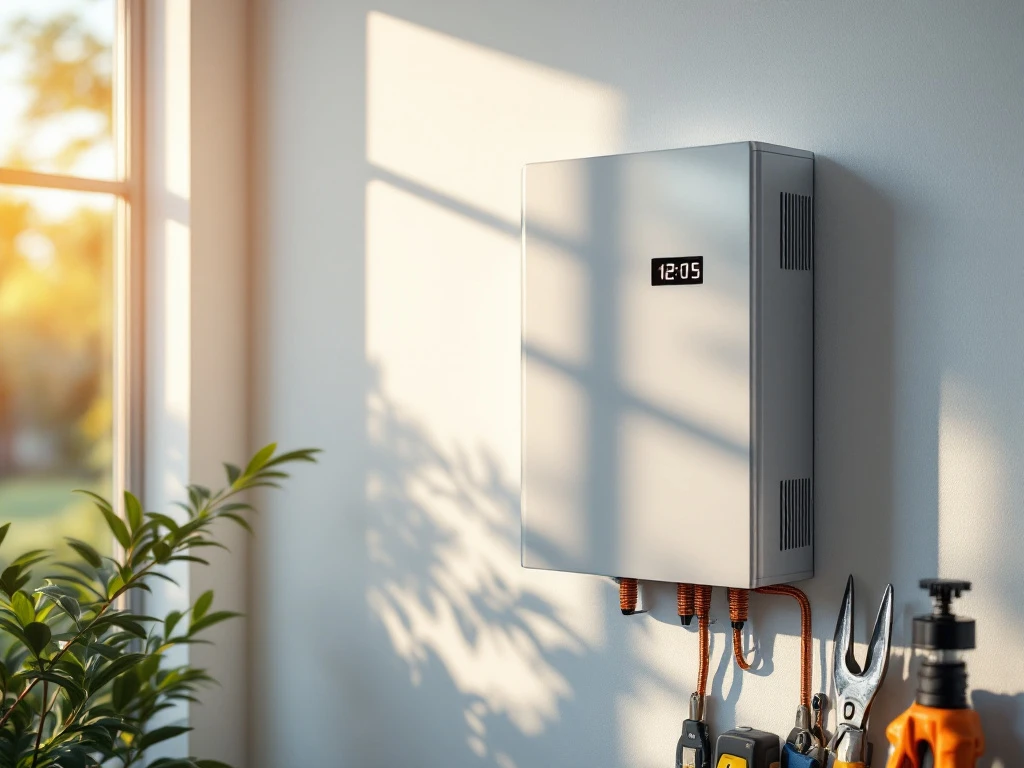 Elektricien installeert moderne thuisbatterij op witte muur met koperen bedrading en gereedschap in gouden licht