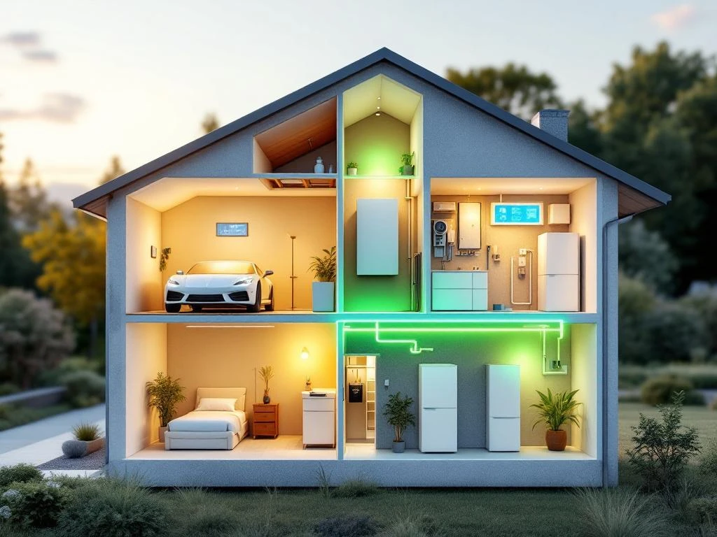 Dwarsdoorsnede modern huis toont witte thuisbatterij installaties in garage, kelder en bijkeuken met groene energiestroom