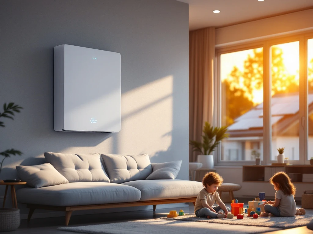 Moderne woonkamer met witte thuisbatterij aan de muur, zonnepanelen op dak, gezin met kinderen en speelgoed op bank