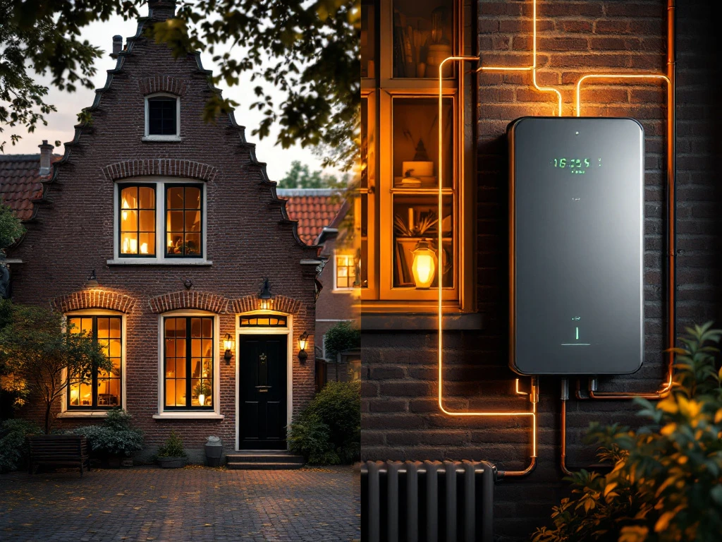 Moderne thuisbatterij geïntegreerd in traditioneel Nederlands bakstenen huis met groene statusindicatoren en gouden verlichting