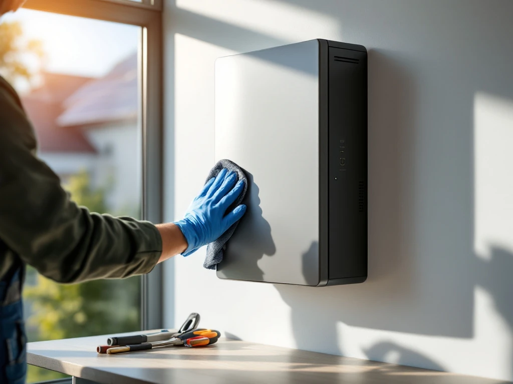 Technicus reinigt moderne thuisbatterij op witte muur met zonnepanelen op achtergrond zichtbaar door raam