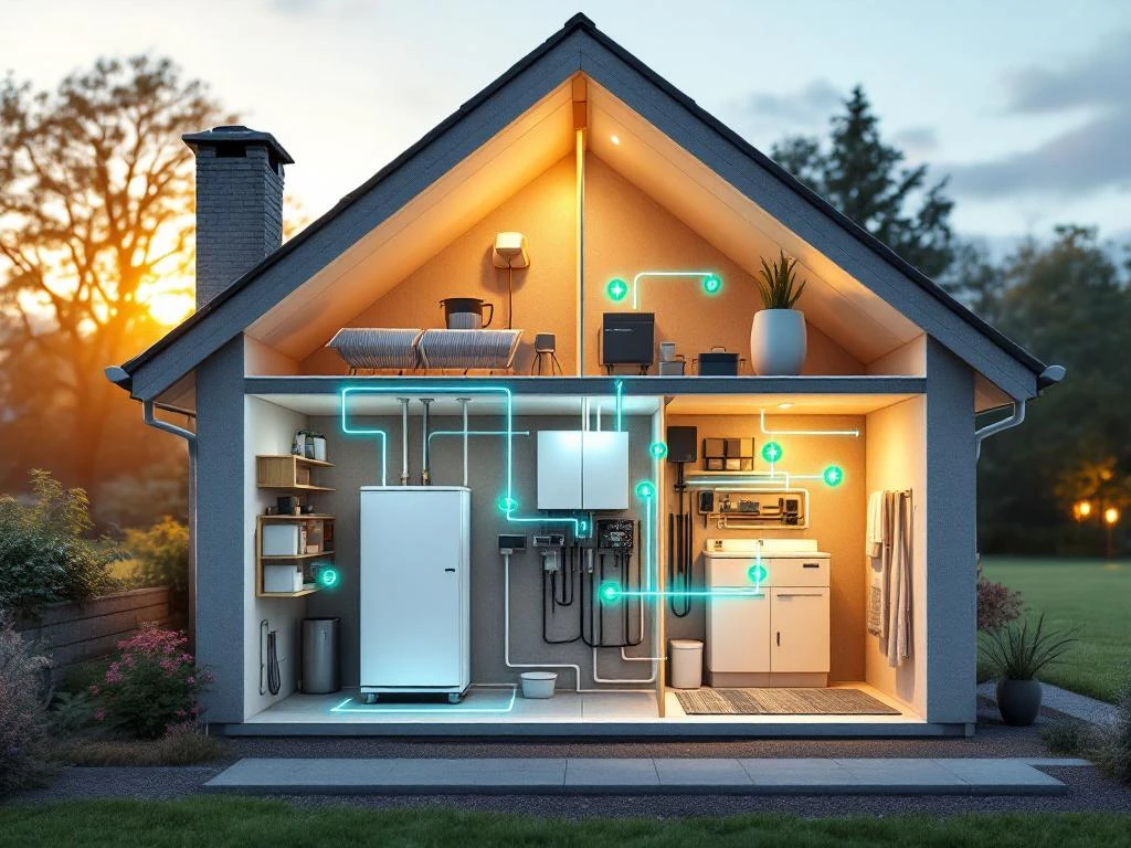 Dwarsdoorsnede van moderne Nederlandse woning met optimale plaatsing van thuisbatterij in bijkeuken, zonnepanelen op dak