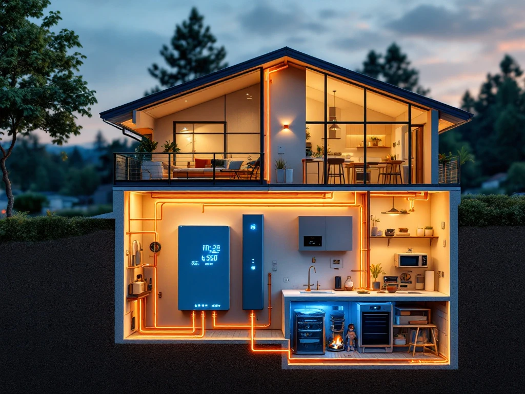 Doorsnede van modern huis met wandgemonteerd batterijsysteem in kelder, verbonden met zonnepanelen op dak via koperen paden
