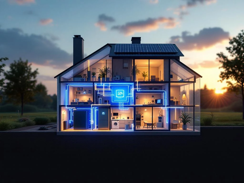 Doorsnede moderne Nederlandse woning met gloeiend blauw batterijsysteem in kelder verbonden met zonnepanelen op dak