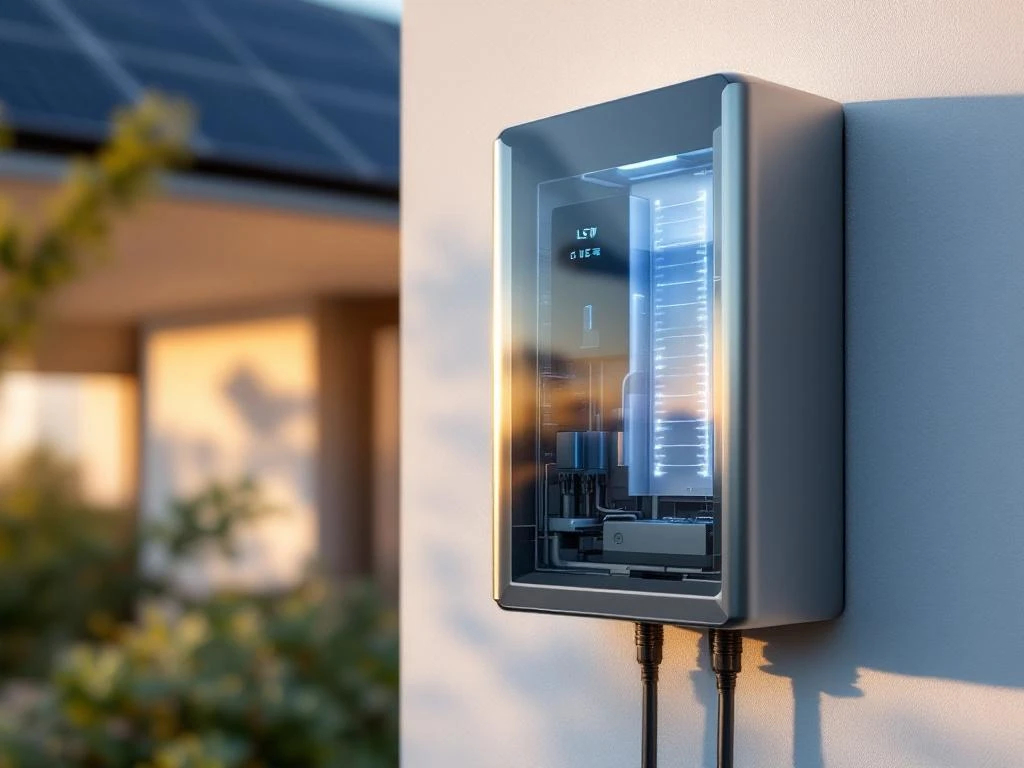 Moderne thuisbatterij met LED-indicatoren gemonteerd op witte muur, verbonden met zonnepanelen op dak