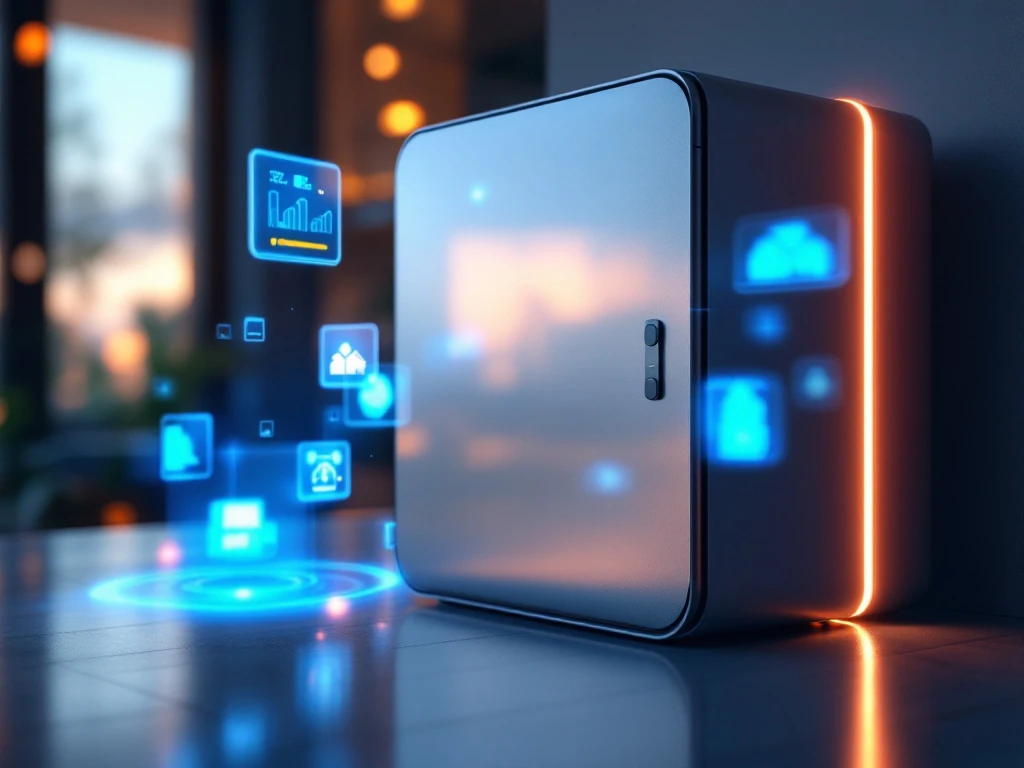 Moderne thuisbatterij met holografische smartphone- en tablet-interfaces die energiemonitoring-apps tonen met blauwe datavisualisaties