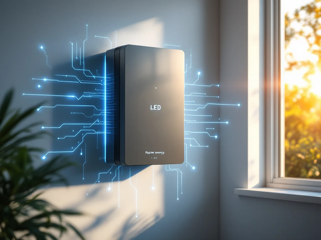 Moderne thuisbatterij met LED-indicatoren op witte muur, blauwe energie-effecten en gouden zonlicht door raam