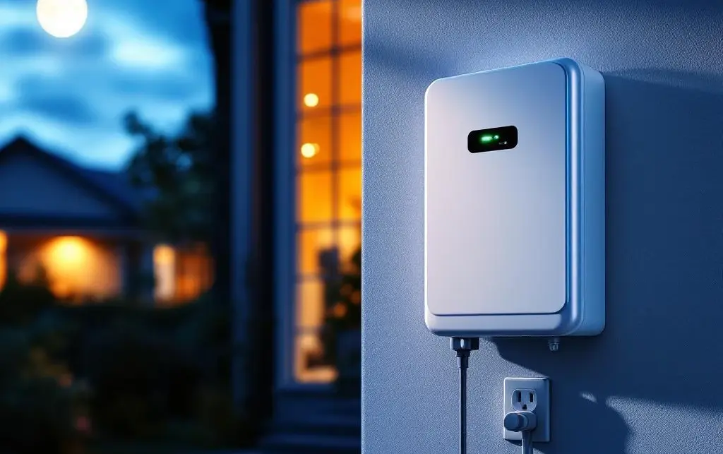 Witte thuisbatterij aan garagemuur met groene LED-indicator, maanlicht door raam, warme huisverlichting op achtergrond