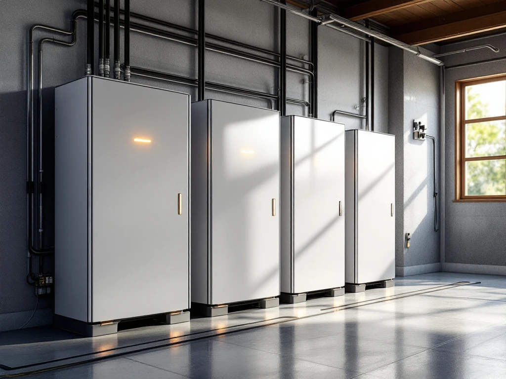 Meerdere witte en grijze thuisbatterijen verbonden in moderne garage met LED-indicatoren en natuurlijk licht