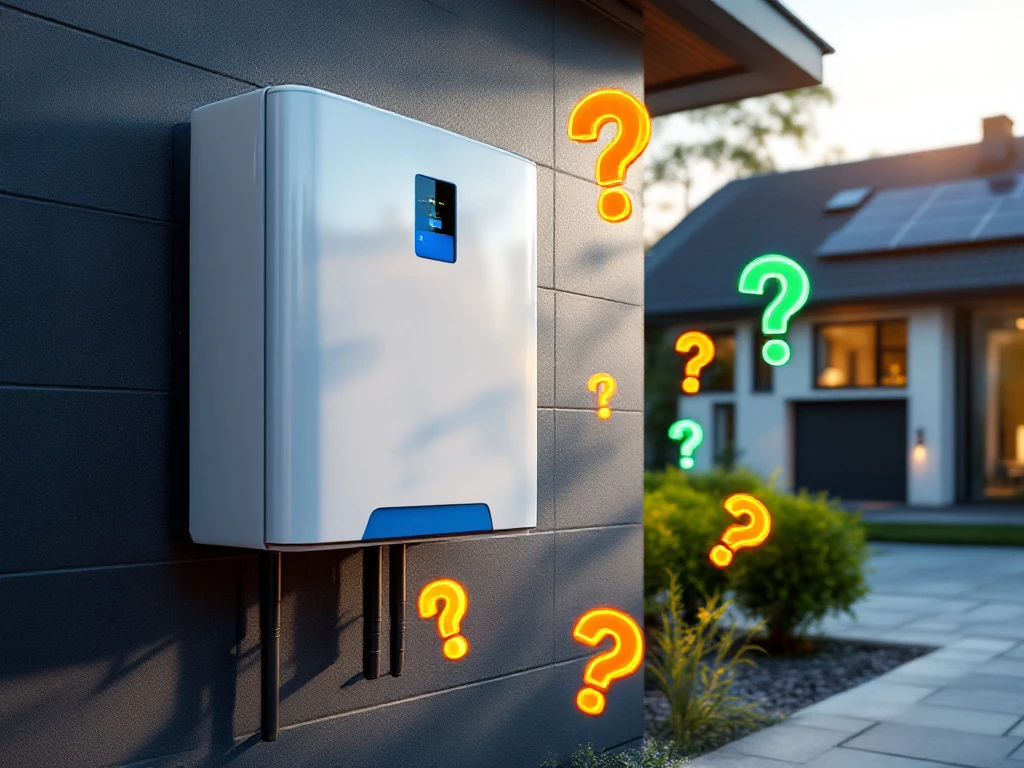 Thuisbatterijsysteem gemonteerd op garagemuur met zonnepanelen op dak, vraagtekenssymbolen op voorgrond