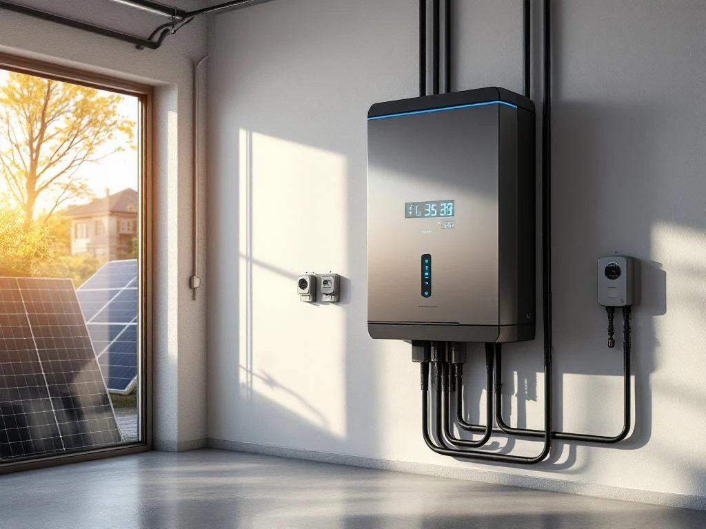 Moderne thuisbatterij met blauwe LED-indicatoren gemonteerd op witte muur in garage, aangesloten op elektrisch paneel