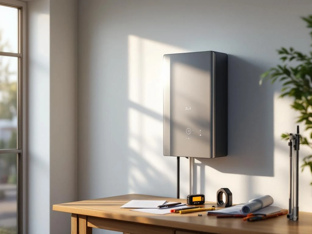 Moderne thuisbatterij gemonteerd op witte muur in garage met LED-indicatoren en installatiedocumentatie op werkbank