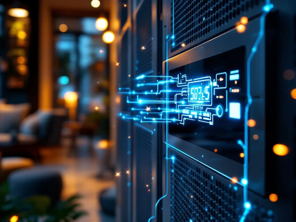 Moderne thuisbatterij met blauwe LED-indicatoren verbonden met elektriciteitspaneel, energiestromen zichtbaar