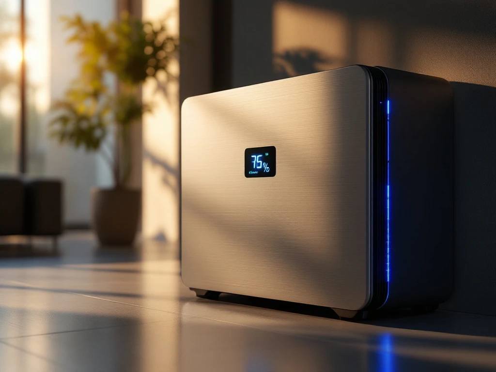 Moderne thuisbatterij met LED-indicatoren en blauwe verlichting in eigentijds interieur met natuurlijk licht