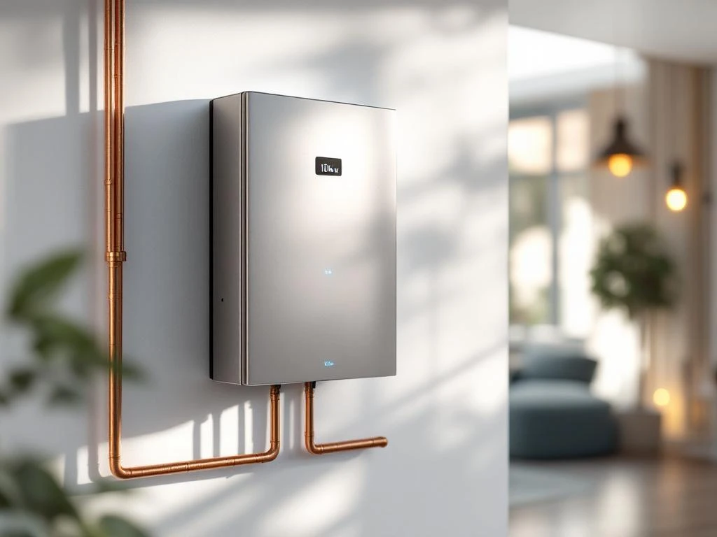 Moderne thuisbatterij met blauwe LED-indicatoren op witte muur in Nederlands huis, toont 10kW capaciteit op display