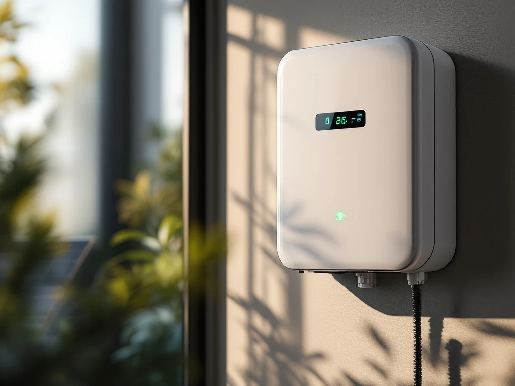 Witte thuisbatterij aan muur met LED-indicatoren, zonnepanelen op voorgrond, natuurlijk licht door raam