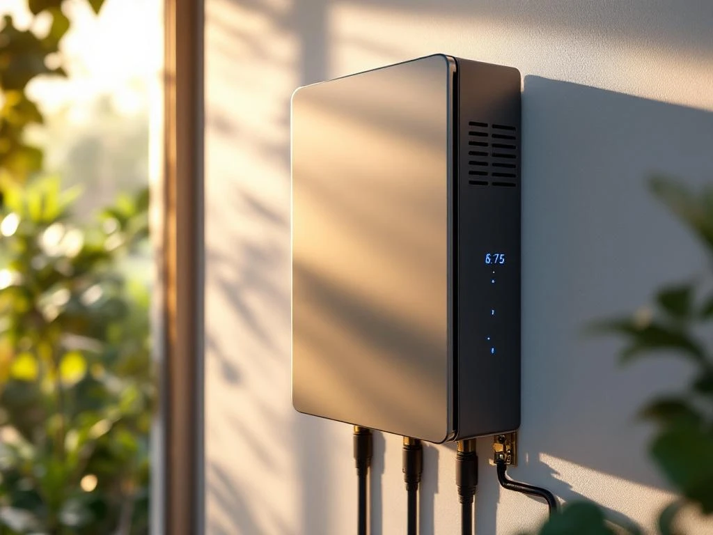 Thuisbatterijsysteem gemonteerd op witte muur met blauwe LED-indicatoren en moderne ventilatiegrilles in huis