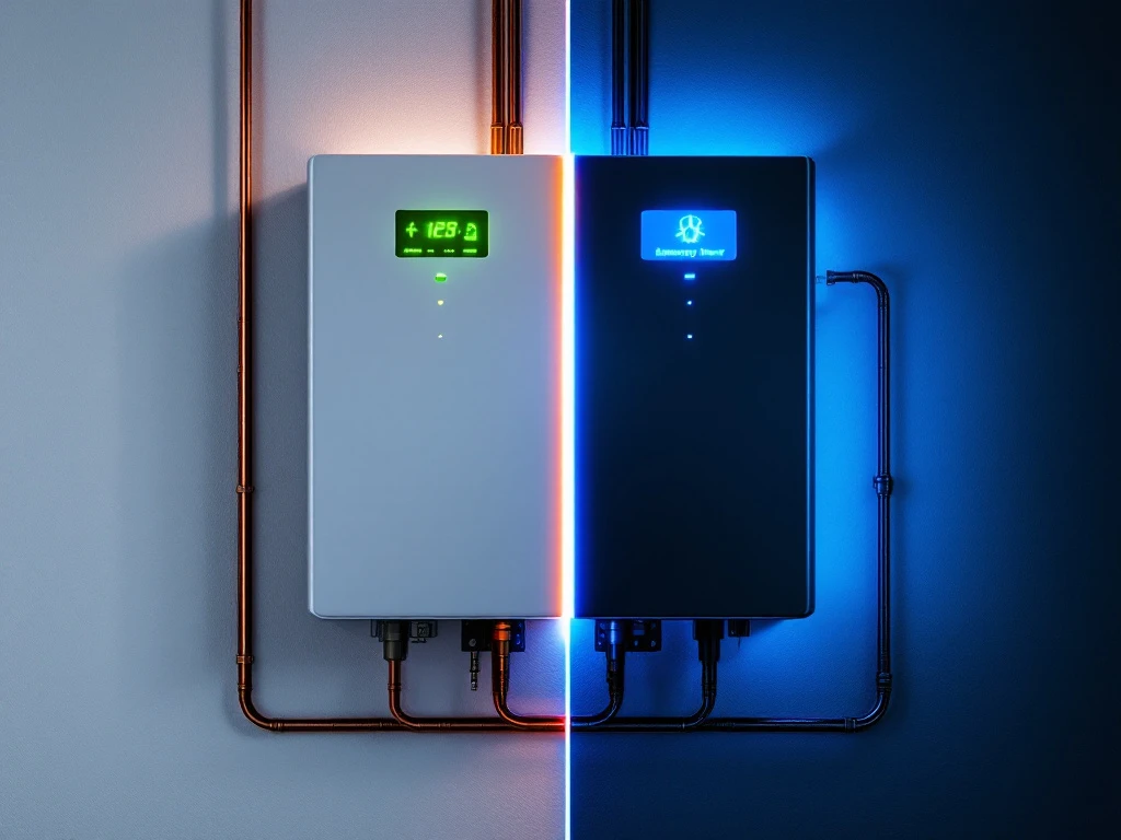 Moderne thuisbatterij aan witte muur met split-screen effect: normale groene LED's links, blauwe noodstroom rechts