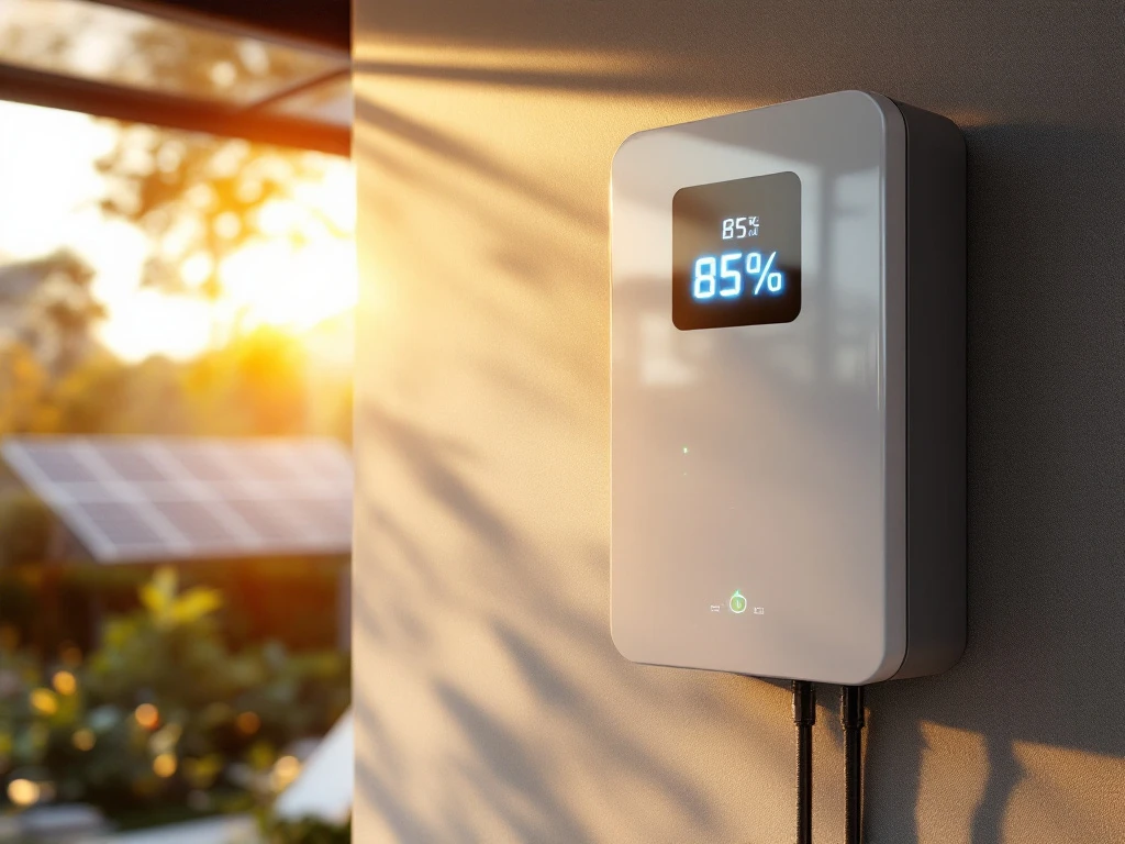 Witte thuisbatterij op garagemuur toont 85% oplading met blauwe LED-indicatoren en zonnepanelen op achtergrond