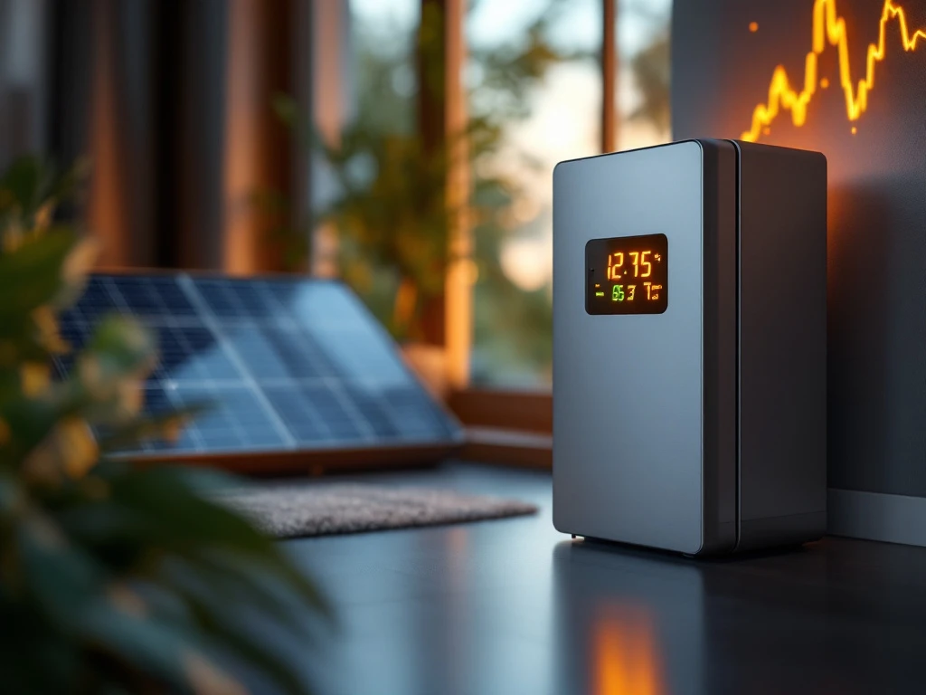 Moderne thuisbatterij met LED-indicatoren voor dynamische energieprijzen, slimme meter en zonnepanelen op achtergrond