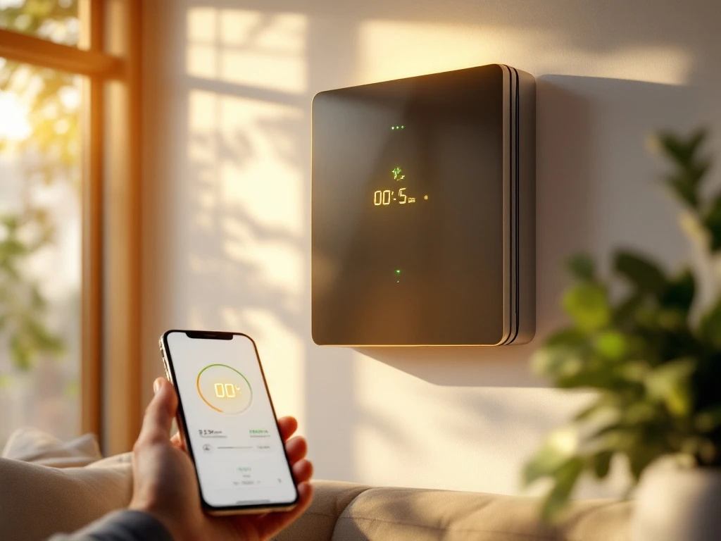 Moderne thuisbatterij met LED-indicatoren gemonteerd op witte muur, smartphone toont energie-app in zonnig interieur