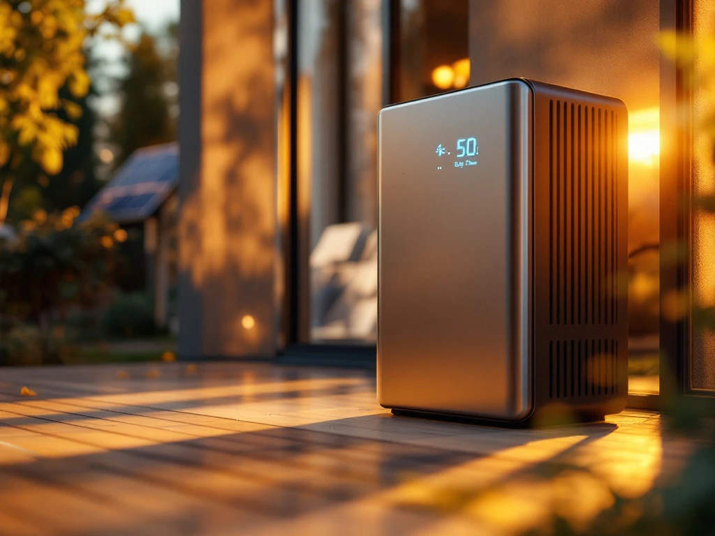 Moderne thuisbatterij met blauwe LED-indicatoren in eigentijds interieur, zonnepanelen zichtbaar door raam op achtergrond