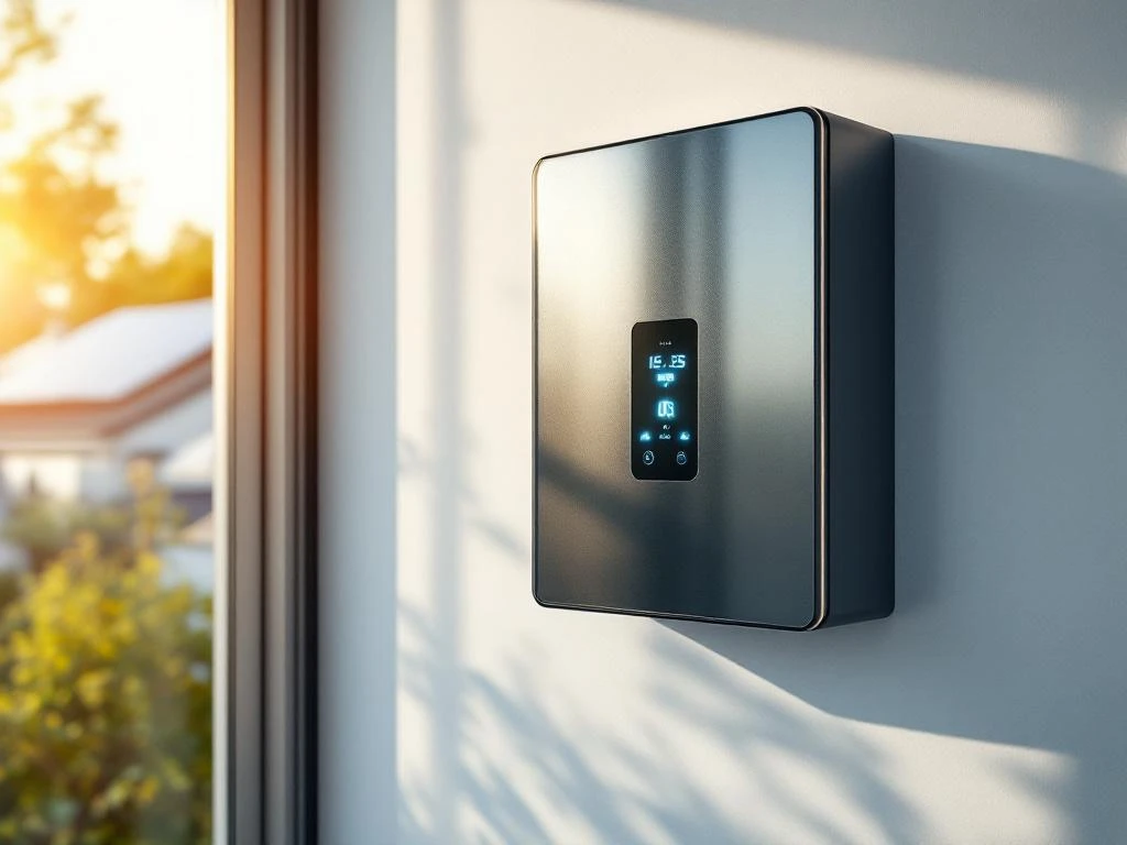 Moderne thuisbatterij met blauwe LED-indicatoren op witte muur, zonnepanelen zichtbaar op dak door raam