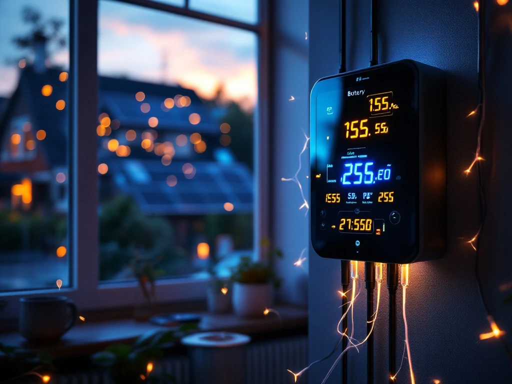 Moderne thuisbatterij met LED-indicatoren en slimme meter in Nederlands huis, zonnepanelen zichtbaar door raam